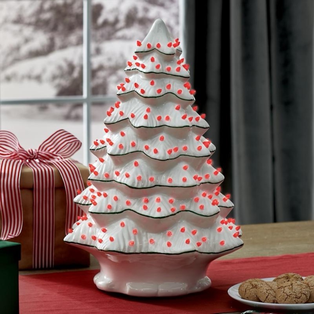 Grandin Road Pre-Lit Musical Ceramic Christmas Tree 18” Red Lights Holiday Decor